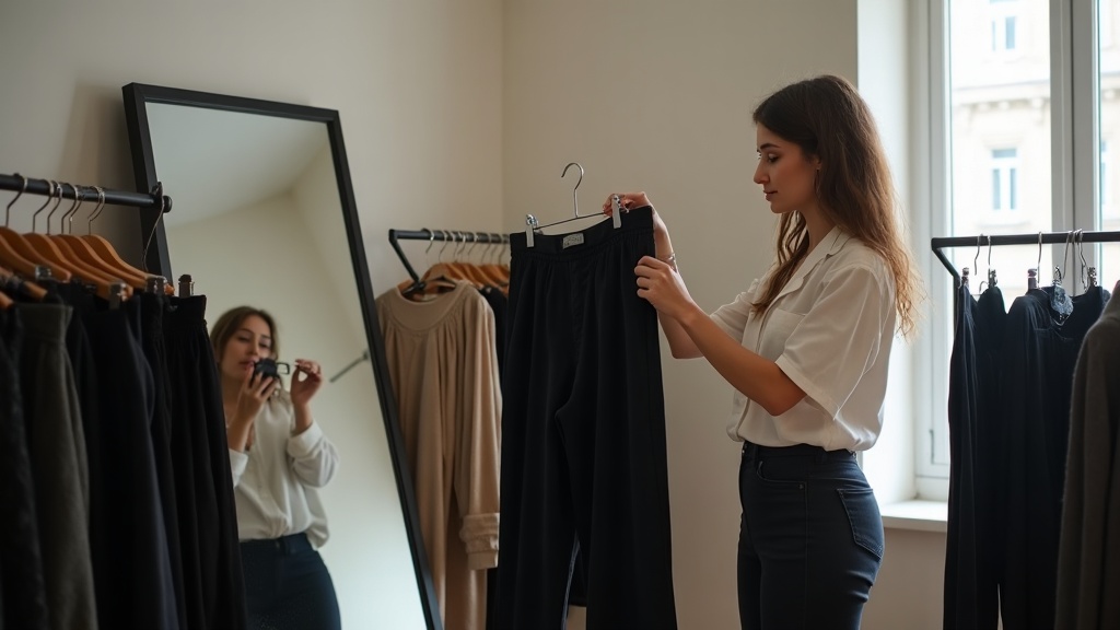 Mujer revisando pantalón negro recortado en tienda