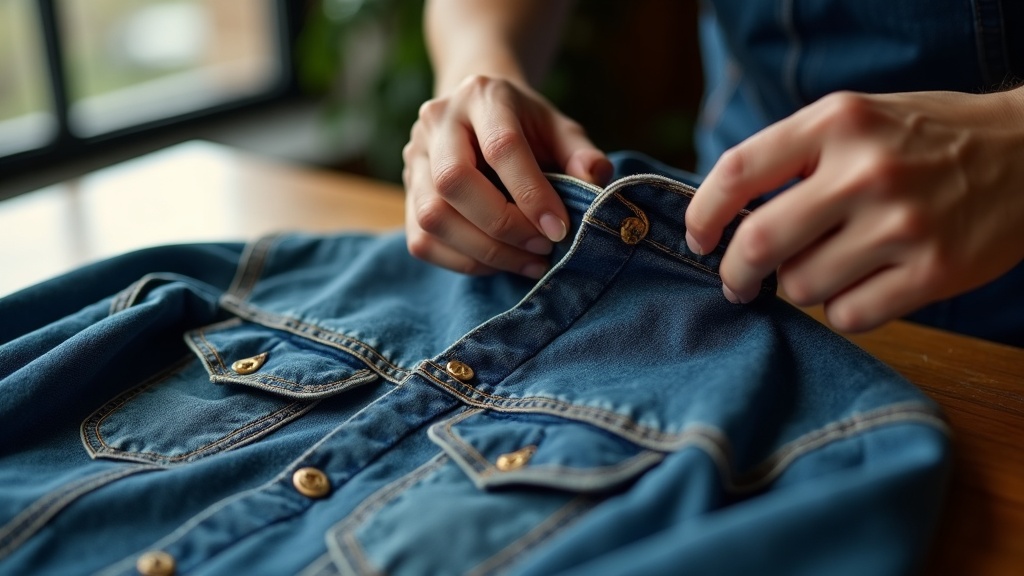 Inspeccionando costuras de una chaqueta denim vintage