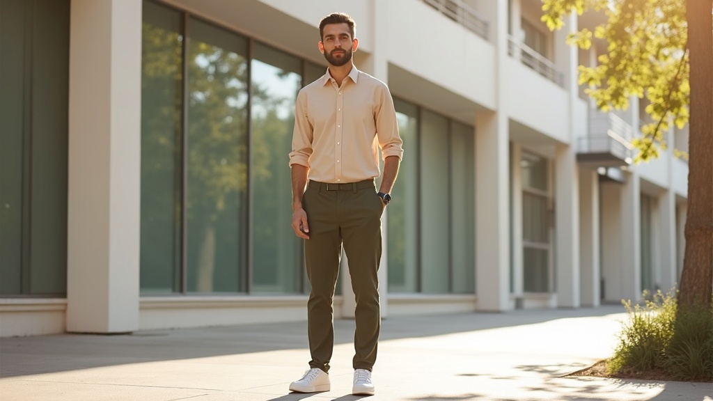 Outfit con camisa beige hombre y pantalón chino oliva