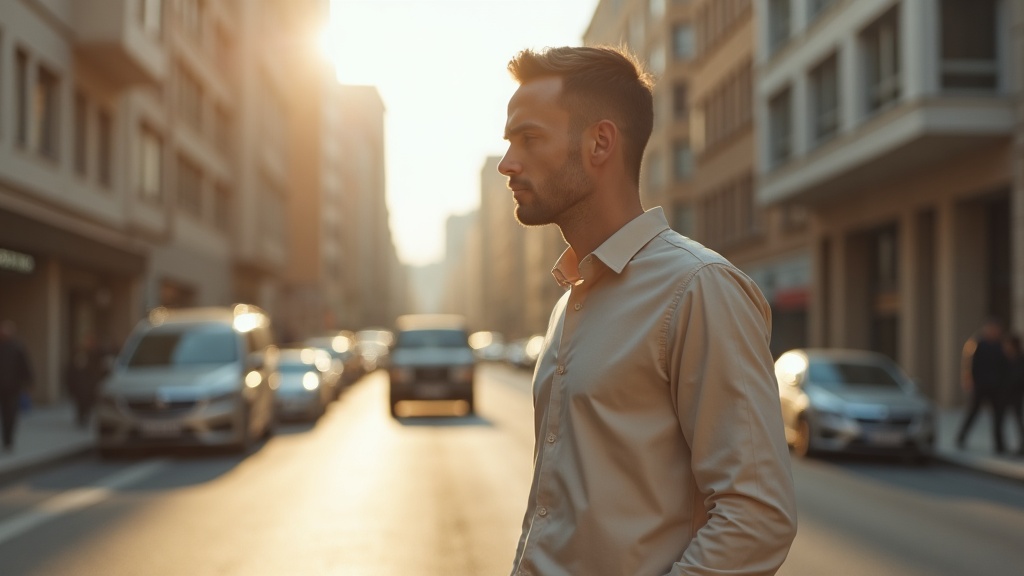 Camisa beige hombre básica en la ciudad
