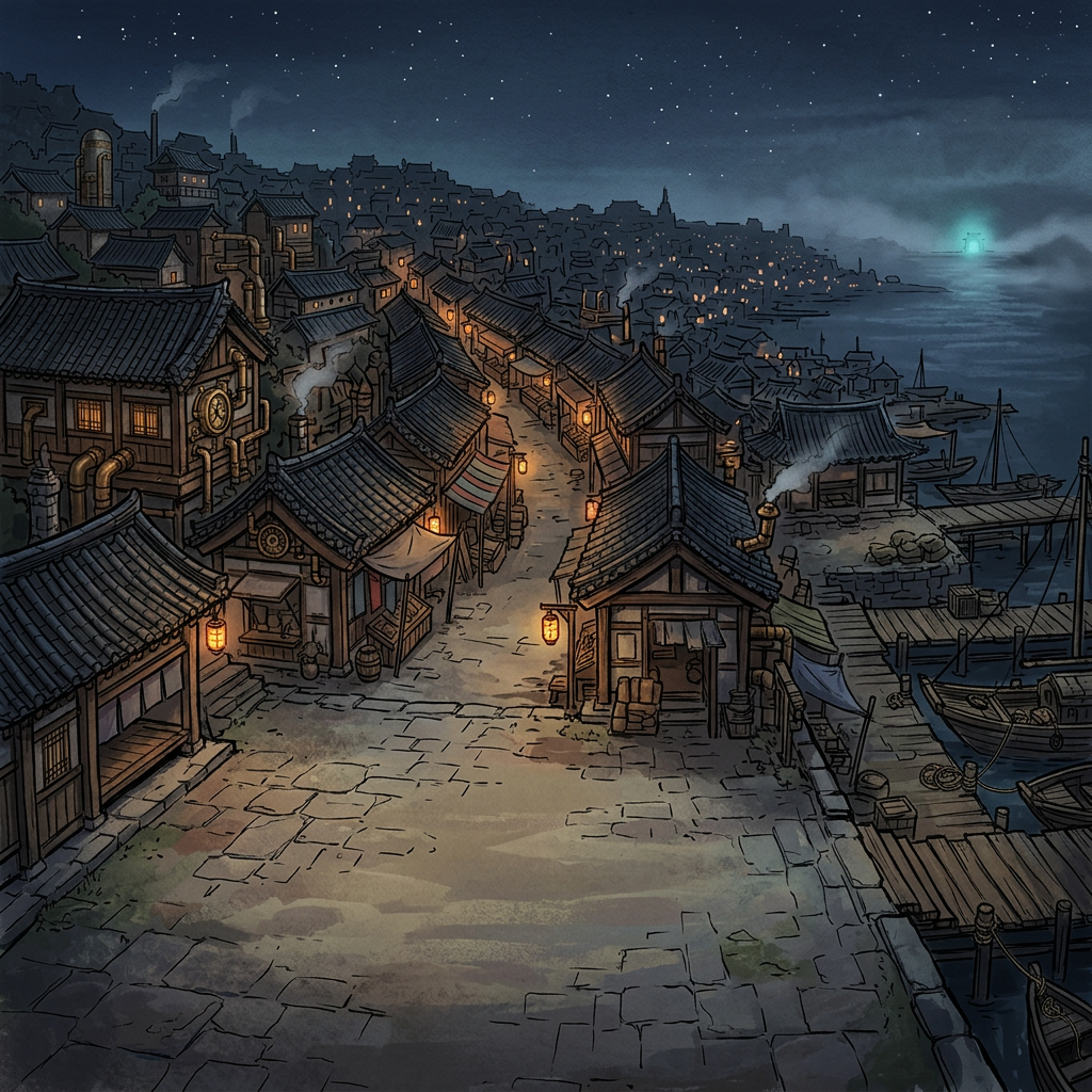 Image: 2D mobile game town hub BACKGROUND ONLY, wide 19.5