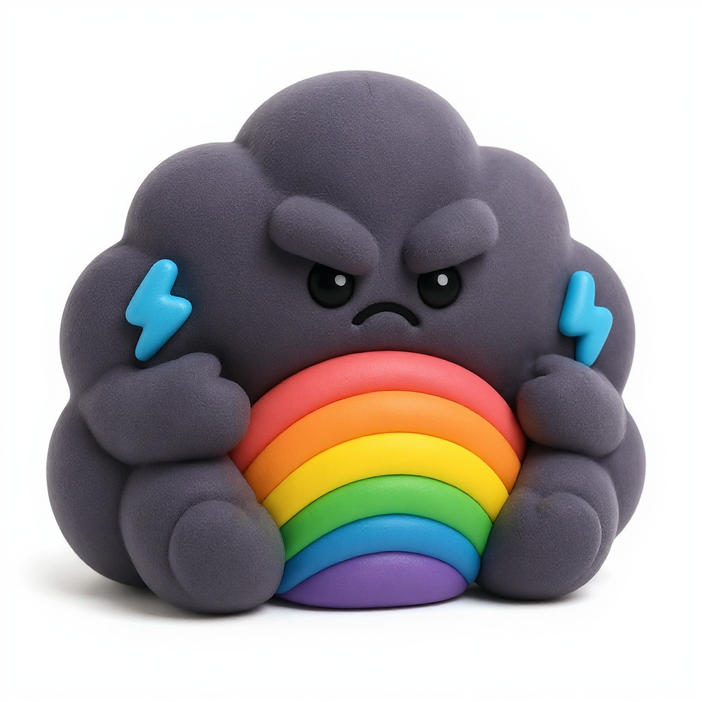 Thunderpuff — Thunderpuff is a moody little storm cloud with a soft rainbow belly and a warmly squishable, cuddle-ready heart.