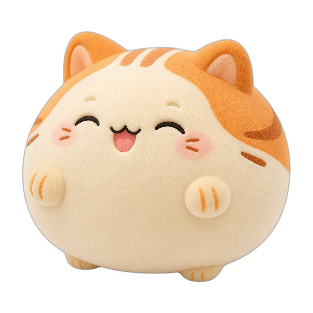 Pancake — Meet Pancake, a happy chubby cat with big pointy ears—warm, squishy, and perfectly safe for little hands.