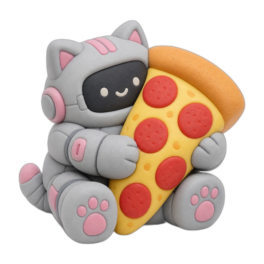 Pizzabot — Pizzabot is a chunky robot cat squishing a giant pepperoni slice, warm and huggable for little hands to love.