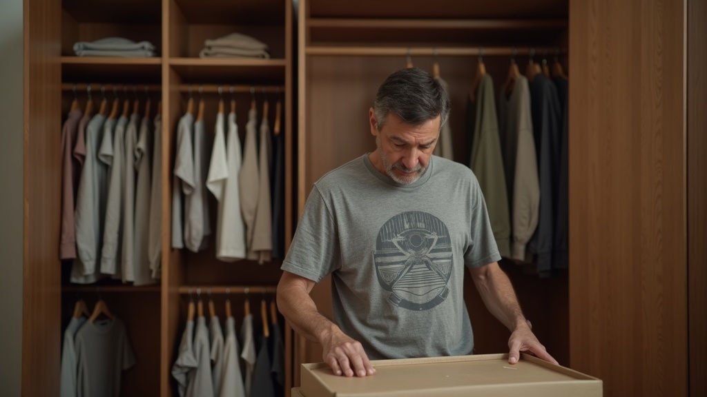 Hombre de 40 años reorganizando el armario, eliminando ropa de baja calidad