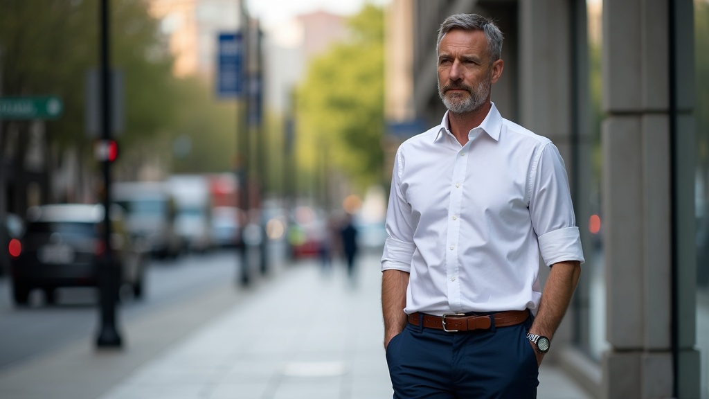 Hombre de 40 años vestido con ropa de calidad en la ciudad