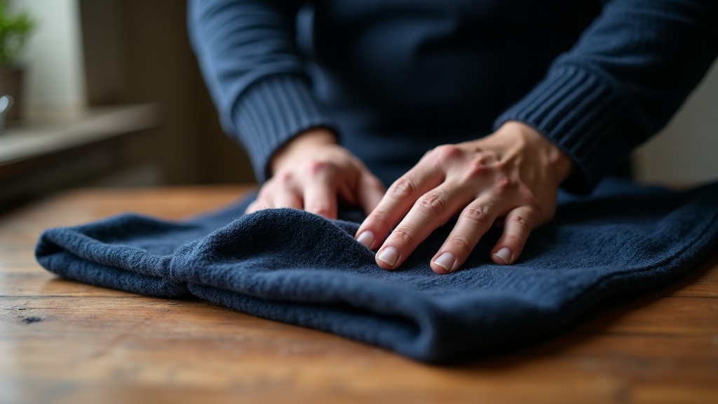 Detalle de jersey de lana merino de calidad doblado a mano