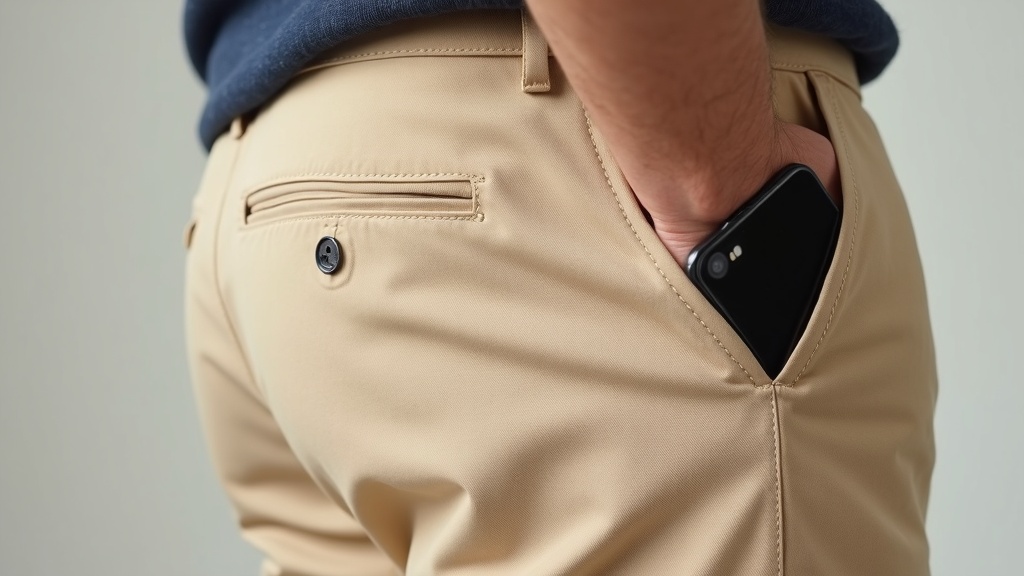 Detalle de bolsillo profundo y costuras reforzadas en pantalón chino