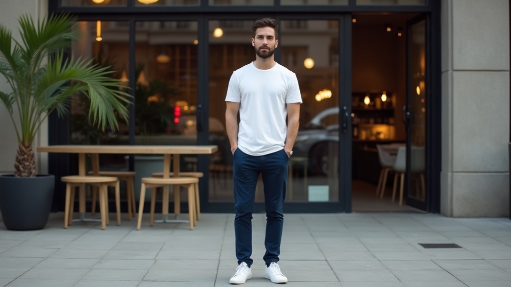 Outfit casual con pantalón chino minimalista azul marino en ciudad