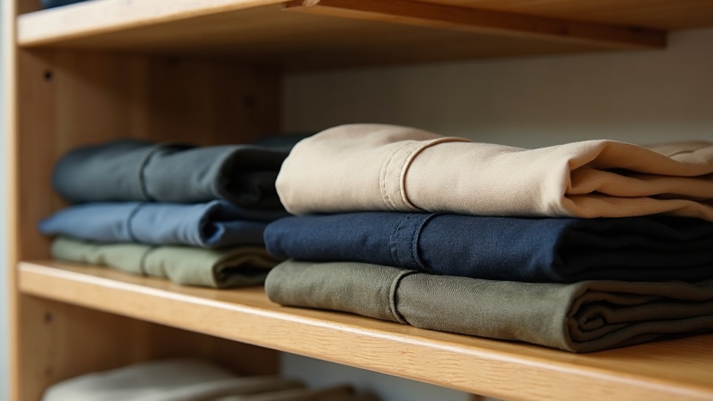 Pantalones chinos minimalistas apilados en estantería de madera