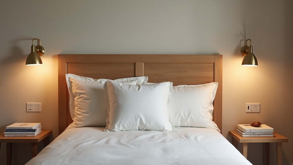 Matching brass plug-in wall sconces flanking a bed in a calm bedroom