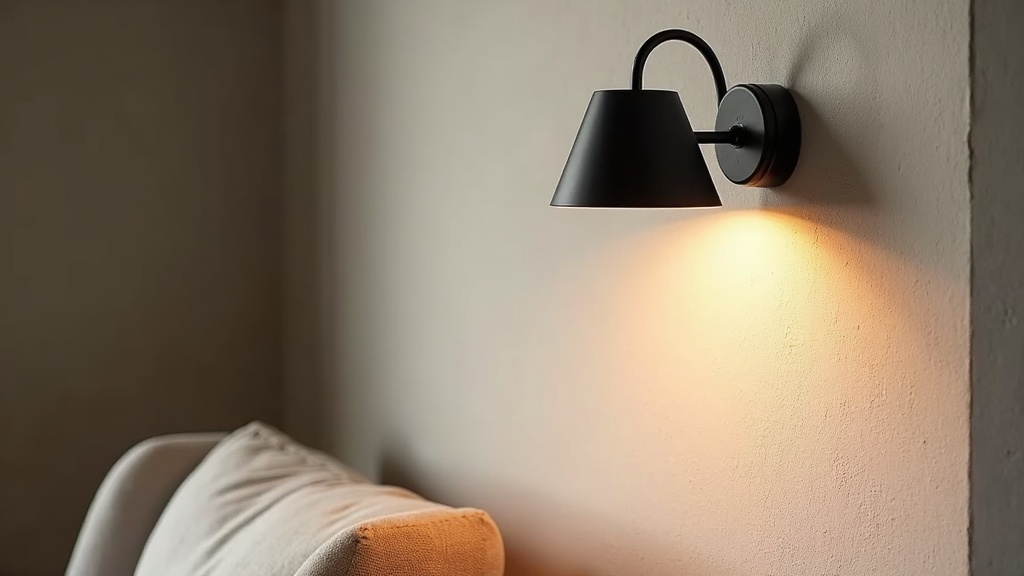 Black wall sconce casting warm layered light on a textured wall