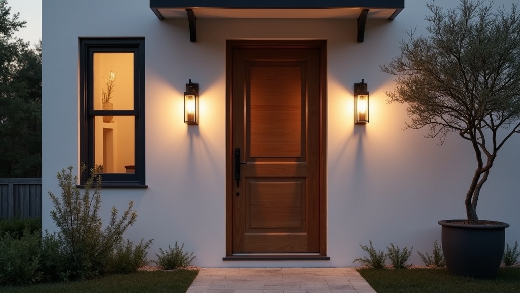Matching outdoor wall sconces flanking a house front door at dusk