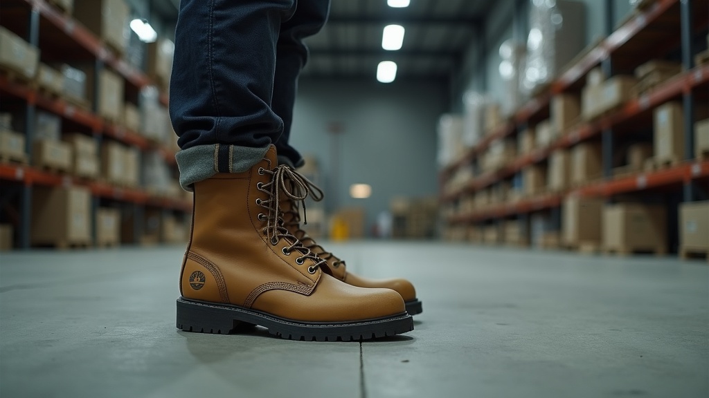 Trabajador de almacén de pie con calcetines acolchados visibles sobre la bota