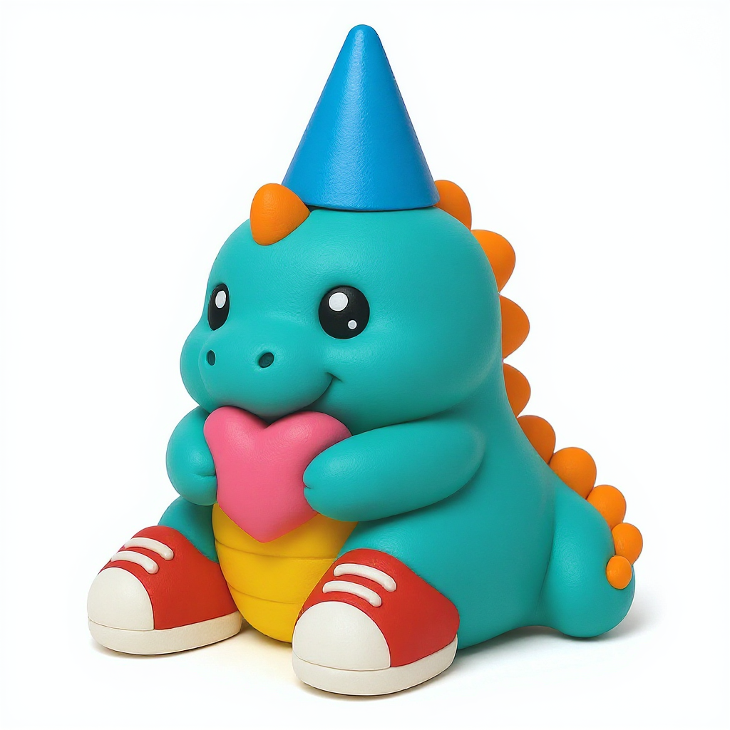 Rexie — Rexie is a cuddly teal dinosaur with orange spikes, a yellow belly, blue sneakers, party hat, and pink heart.