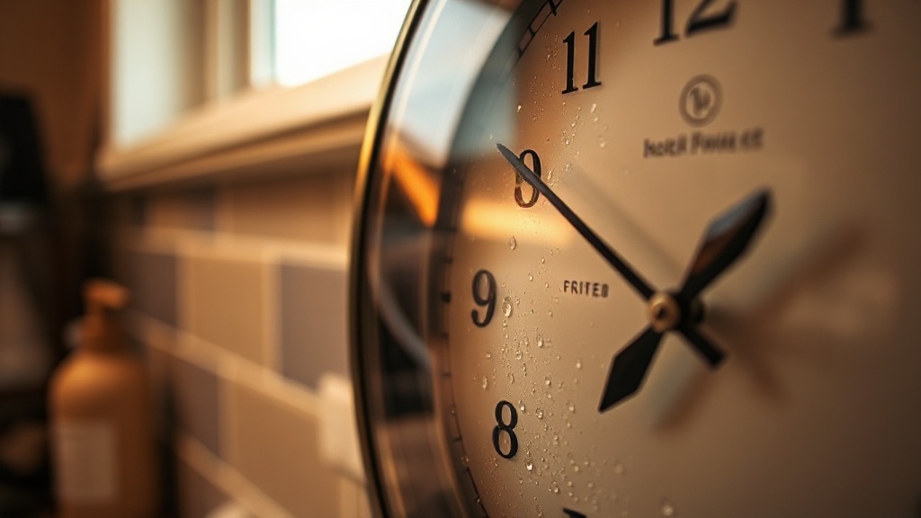 Close-up of a metal wall clock with moisture beading off its powder-coated surface in a humid kitchen