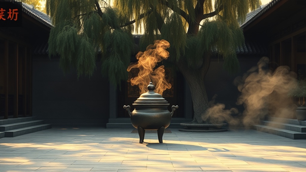 Cour intérieure du Temple Dacien à Xi'an, encens se consumant devant la Grande pagode de l'oie sauvage