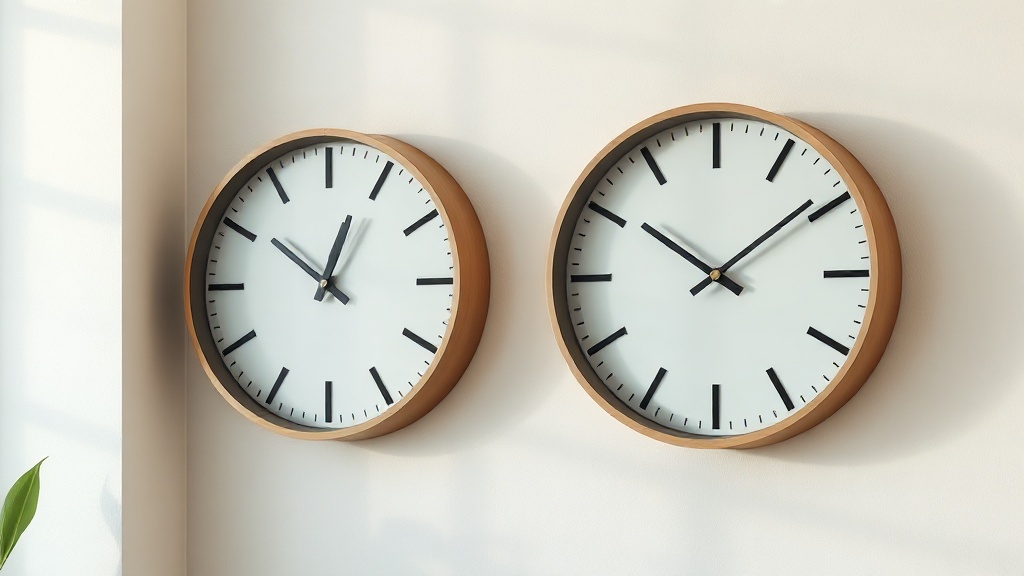 Two analog wall clocks on a white wall illustrating the difference between step and sweep quartz second hands