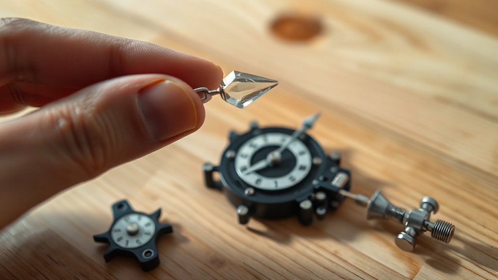 Tiny quartz crystal tuning fork component held above an open wall clock quartz movement module