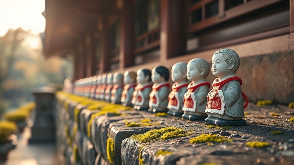 Row of Jizo statues dressed in red and white fabric bibs along a mossy temple wall in Japan