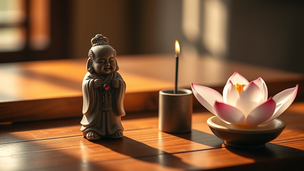 Small Jizo bodhisattva figurine with pilgrim staff and wish-granting jewel next to incense and lotus