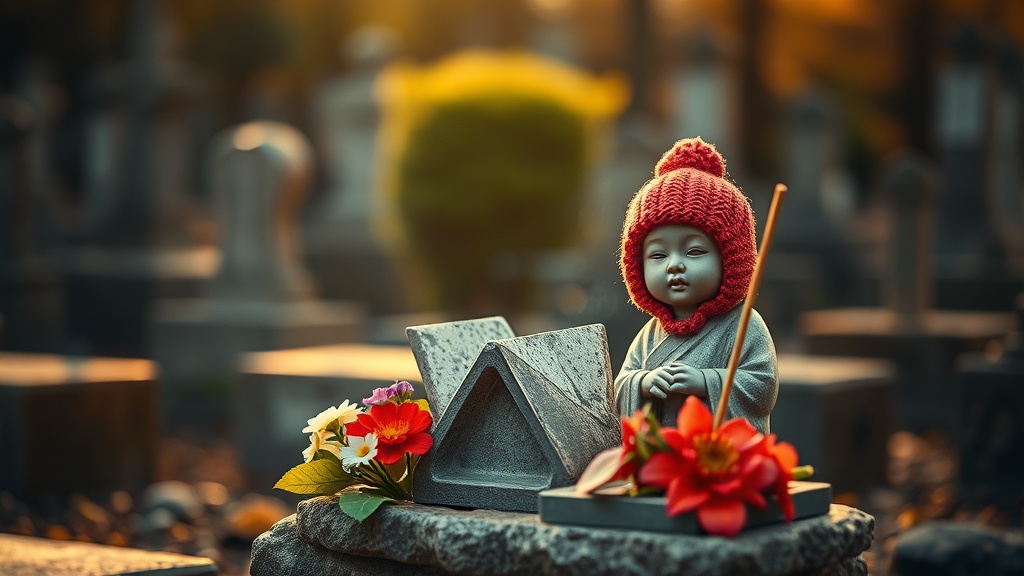 Weathered stone Jizo statue wearing red bib and cap with incense offerings in a Japanese garden