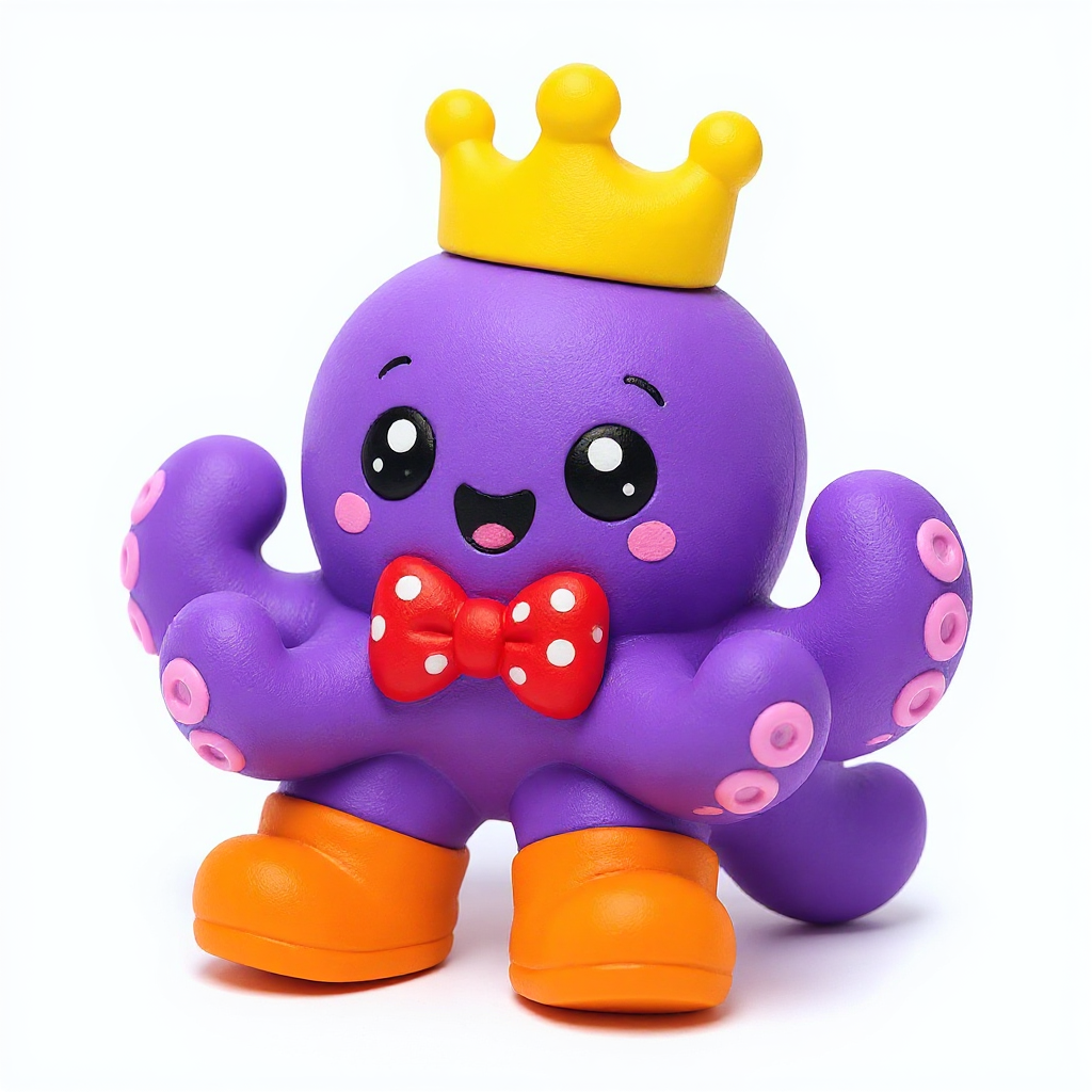Squishquid — Squishquid the purple octopus rules in a yellow crown, orange rain boots, and a red polka-dot bowtie!