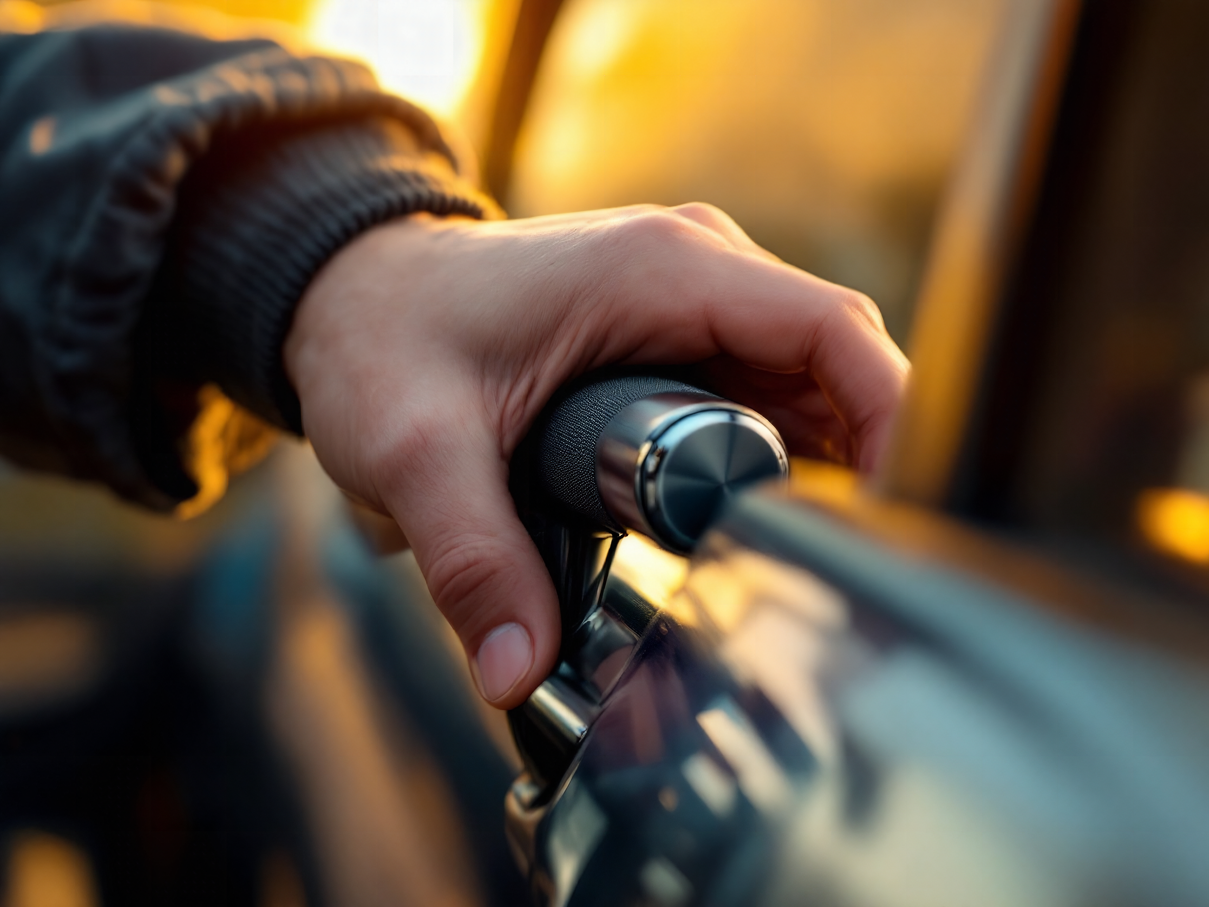 Close-up of car grab bar handle with hands gripping textured surface, chrome finish visible