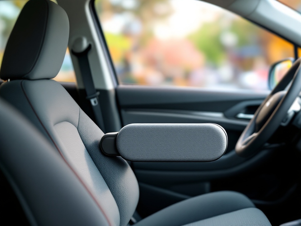 Car grab bar installed on passenger door frame inside vehicle cabin with seat and dashboard visible