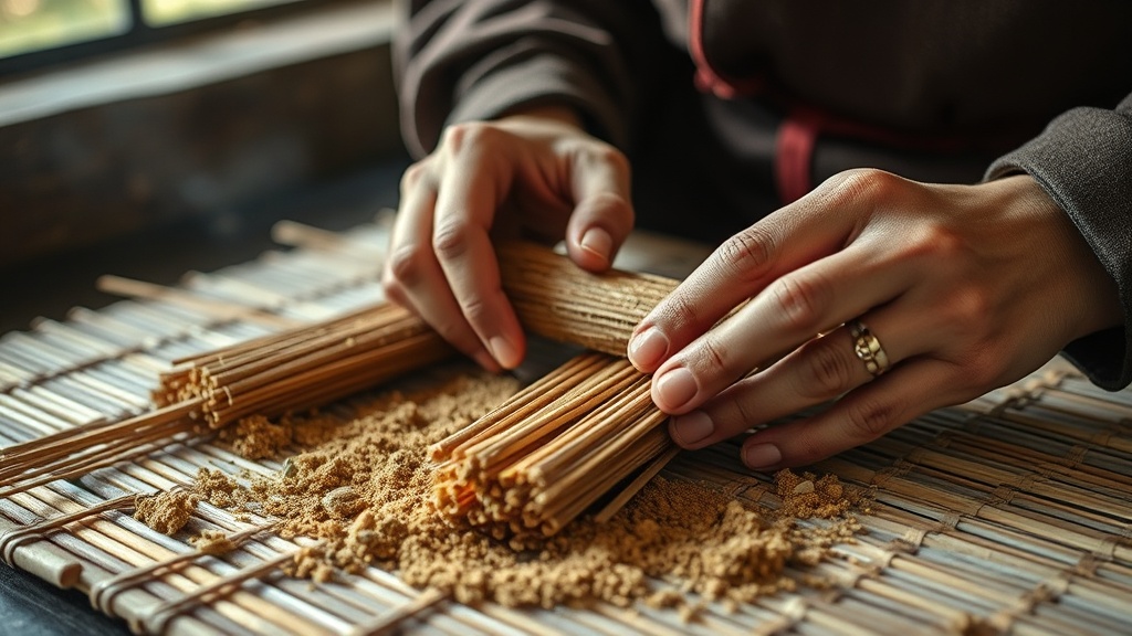 Tibetan artisan hands rolling raw herbal incense sticks on a bamboo mat in a monastery workshop