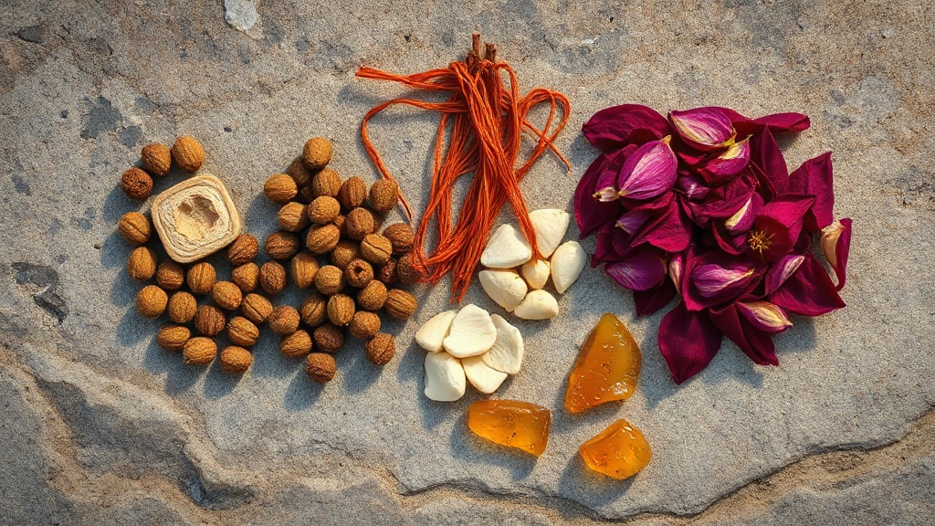 Dried Himalayan herbs and botanicals used in traditional Tibetan incense including juniper, saffron, and sandalwood