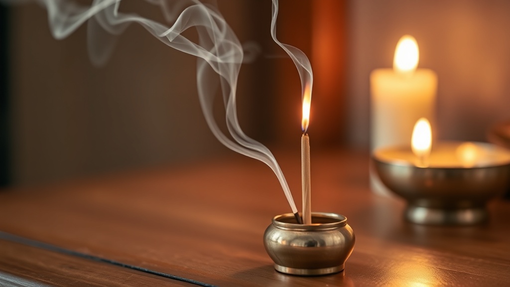 Lit Tibetan incense stick in a copper holder on a Buddhist altar with thin smoke rising upward