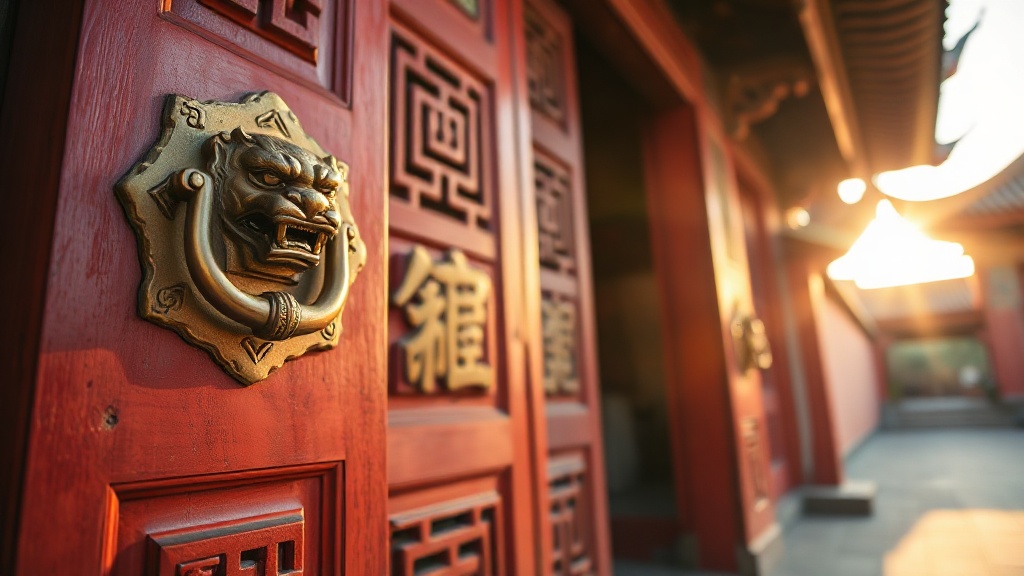 Portail en bois laqué rouge du temple bouddhiste Guangren à Xi'an, style architectural Qing