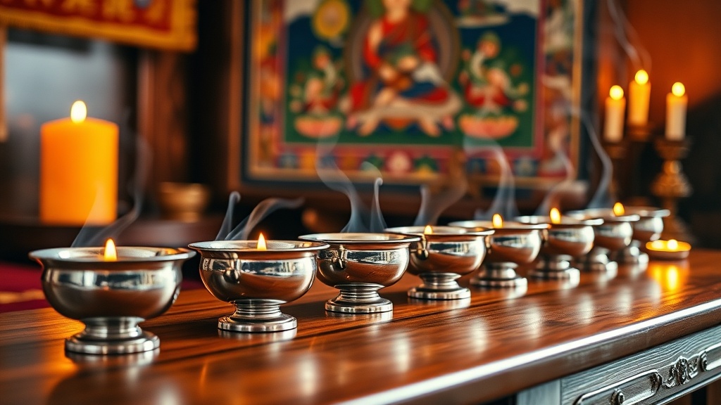 Sept bols d'offrandes en métal argenté et lampes à beurre sur un autel tibétain dans un monastère