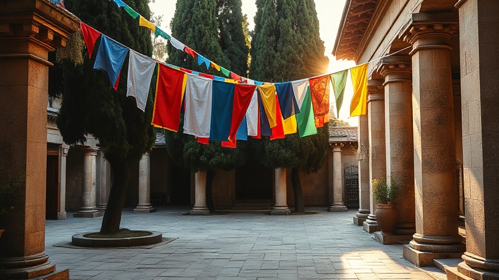 Drapeaux de prières tibétains colorés tendus dans la cour intérieure du temple Guangren à Xi'an