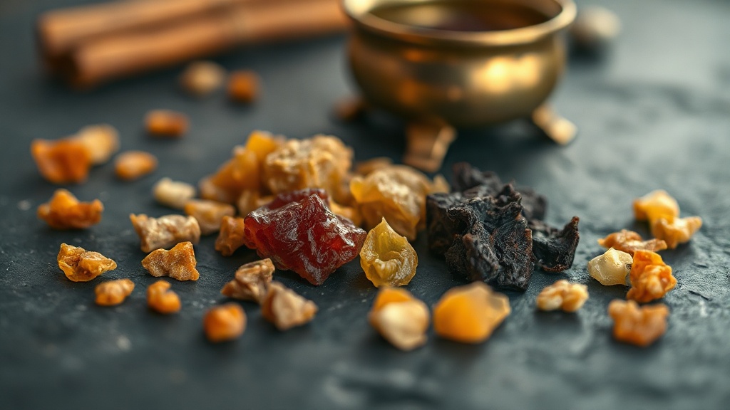 Raw Buddhist incense resins including frankincense tears, myrrh chunks and benzoin pieces arranged on a dark slate surface