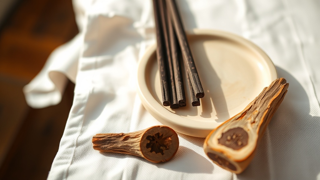 Japanese aloeswood and sandalwood incense sticks beside a raw aloeswood chip on a ceramic tray