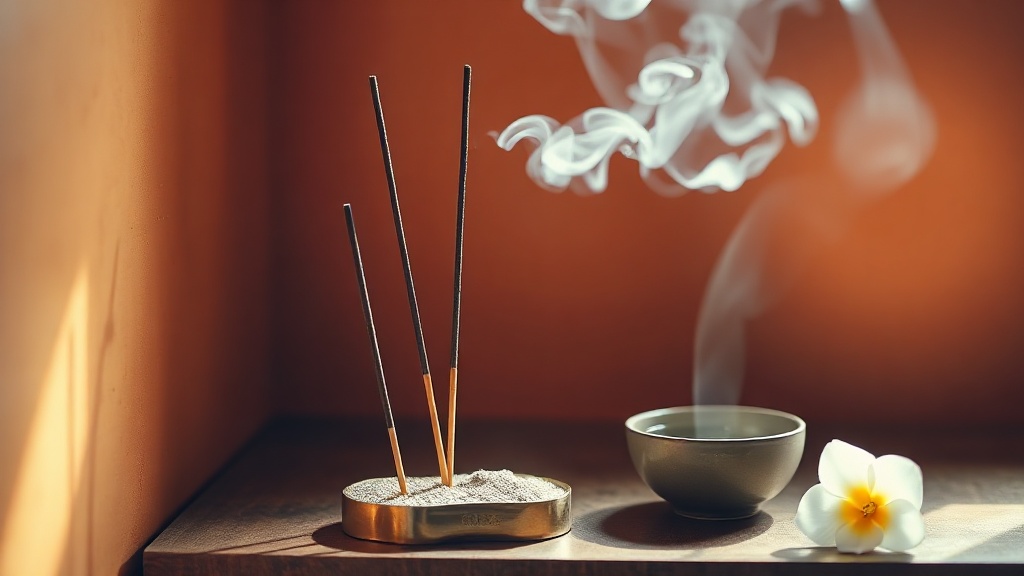 Three incense sticks burning in a brass holder on a small Buddhist altar with jasmine flowers and a water bowl