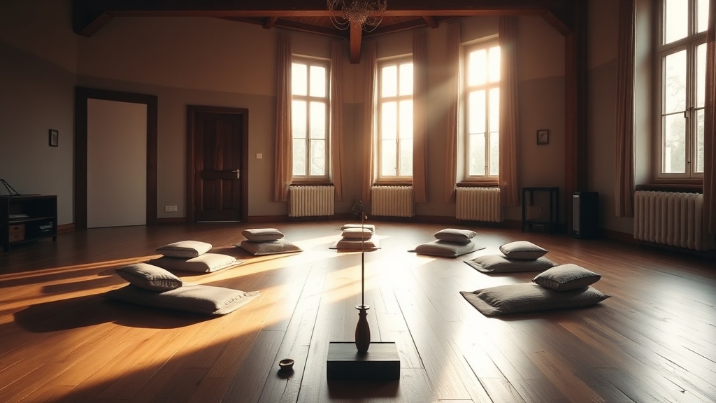 Salle de méditation d'un centre bouddhiste en France, coussins disposés en cercle sur un parquet