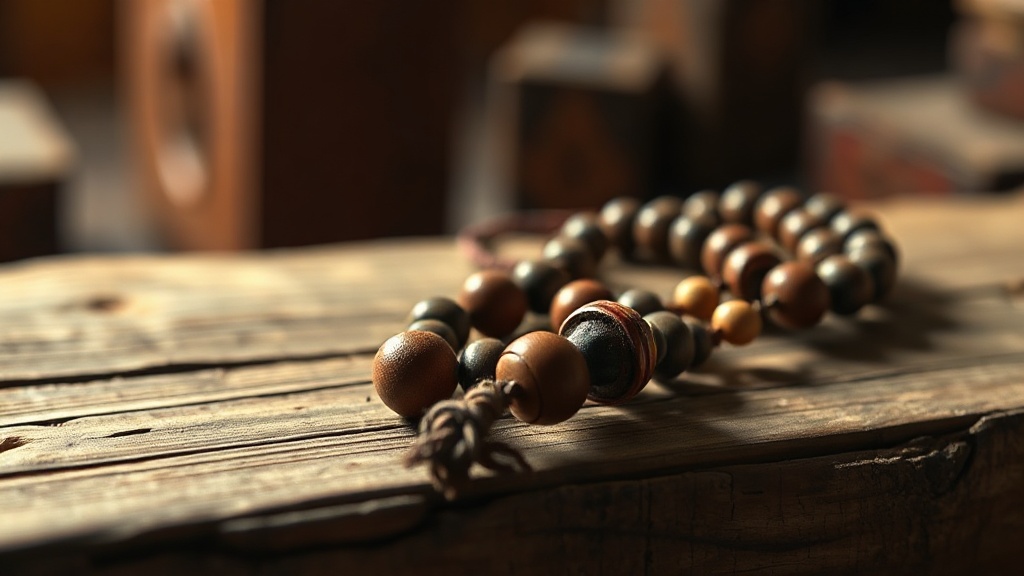 Mala tibétain posé sur une surface en bois naturel, symbole de la pratique bouddhiste quotidienne