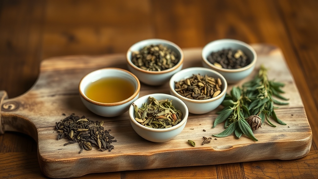 Différentes variétés de thé disposées en bols : thé vert, oolong, thé blanc et herbes séchées