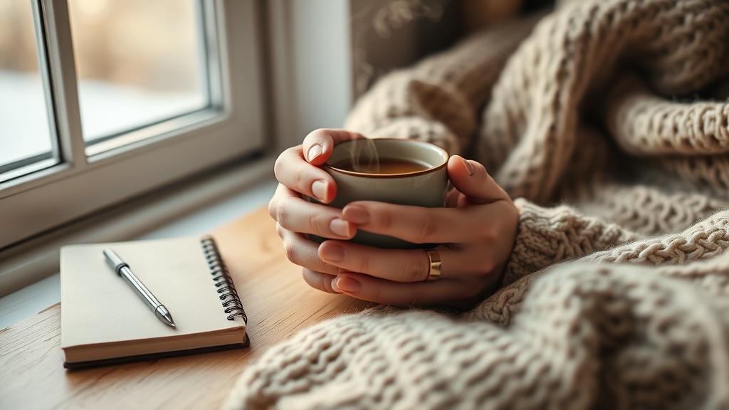 Mains tenant une tasse de thé chaud le matin, ambiance cosy et rituel quotidien