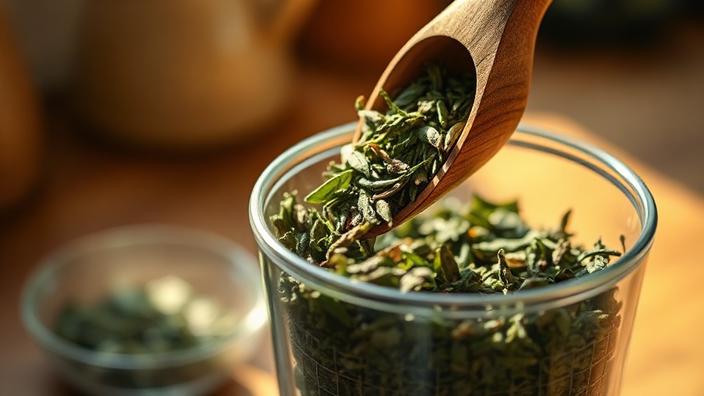 Feuilles de thé vert en vrac mesurées dans un infuseur en verre pour une infusion maison