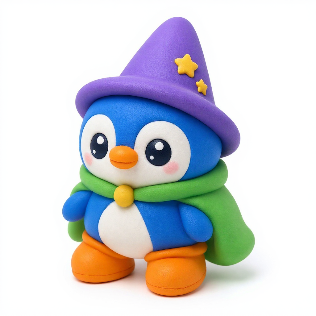 Spellguin — Meet Spellguin, a chubby blue penguin wizard with a purple hat, red cape, and orange boots—squishy, huggable, and totally kid-safe.
