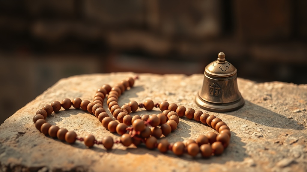 Mala en bois et clochette de méditation posés sur pierre ancienne, objets de pratique bouddhiste