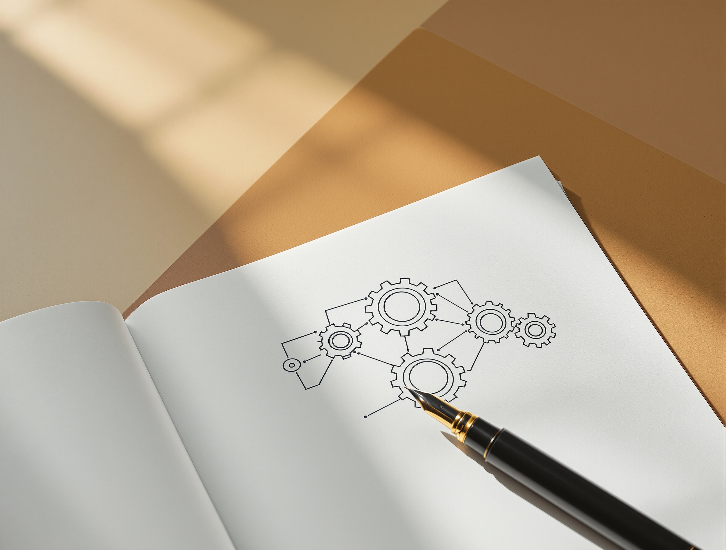 Diagram of interconnected gears in a notebook representing an integrated HR tech stack.