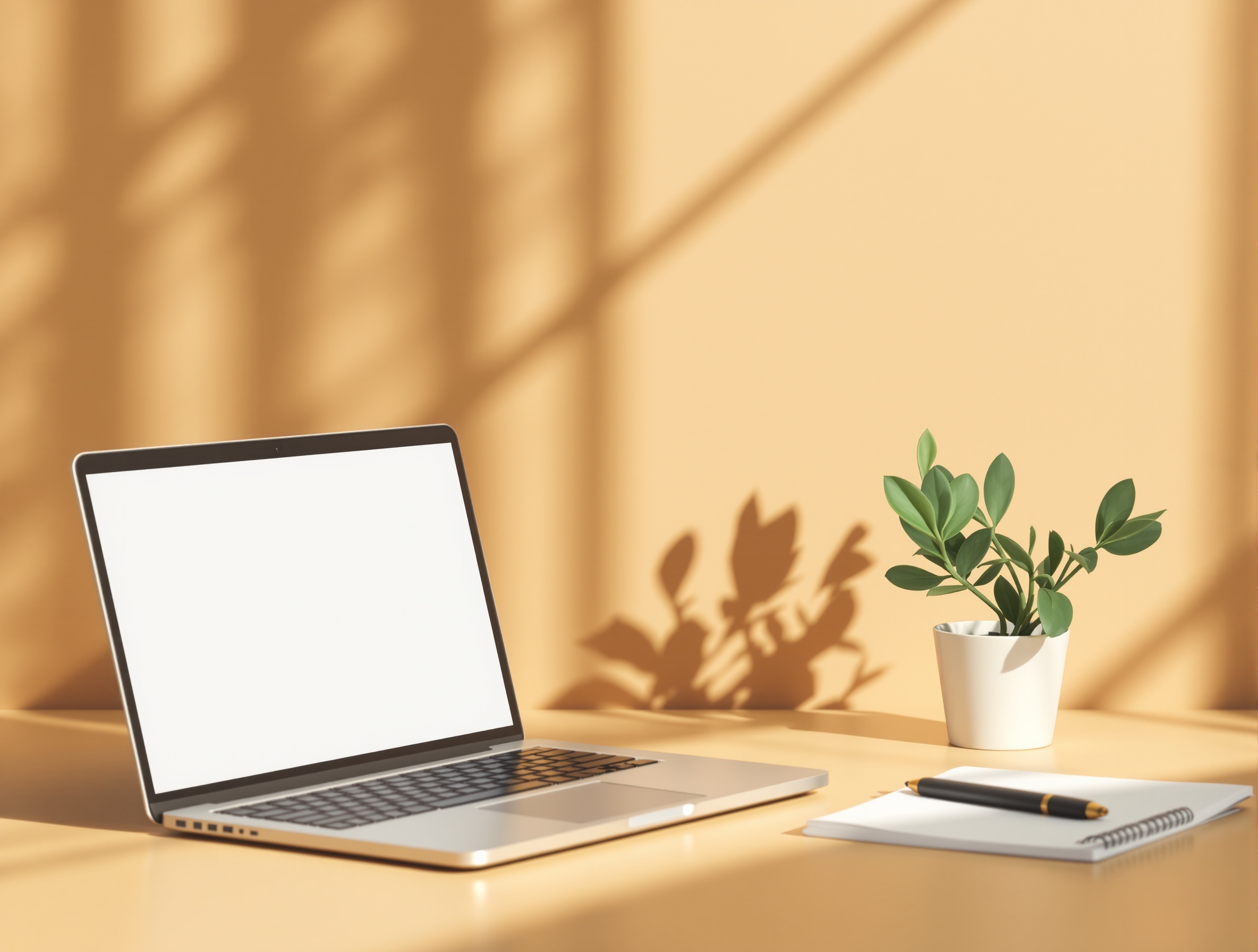 Laptop displaying abstract data flow visualization on a minimalist desk.