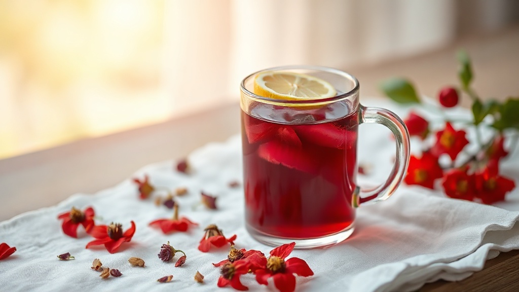 Mug en verre rempli de thé hibiscus rouge vif avec fleurs séchées et tranche de citron