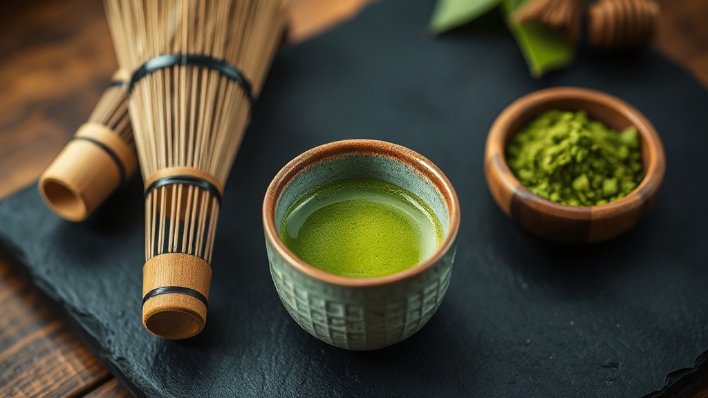 Tasse de thé vert matcha avec fouet en bambou sur ardoise, préparation traditionnelle