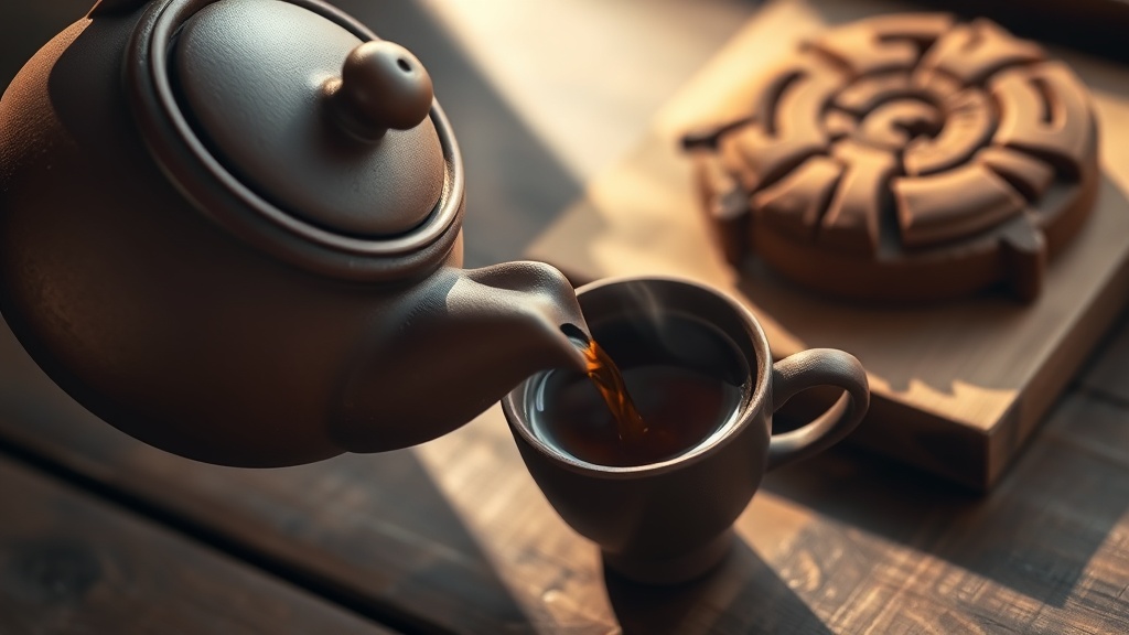 Théière rustique versant du thé pu-erh ambré dans une tasse sans anse, ambiance terroir